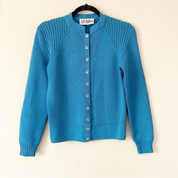 St John•DAMAGED blue knit button up cardigan blouse - Picture 1 of 12